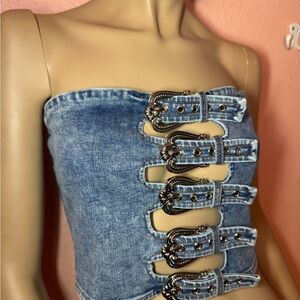 Windsor Denim Buckle Strapless Corset Tube Top NWT Size S Festival